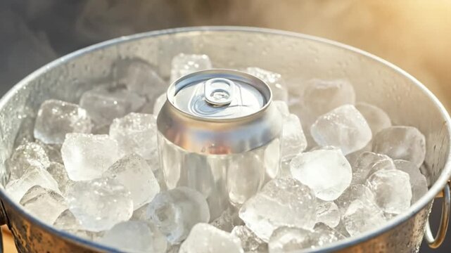 hand placing an unbranded aluminum drink can into a metal bucket full of ice