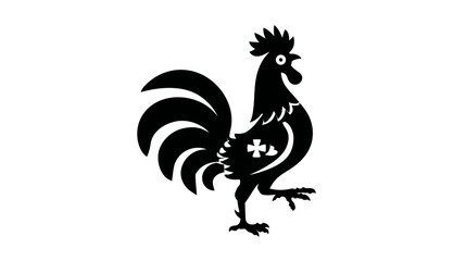 A black silhouette of a stylized rooster standing proud with a cross shape on its chest