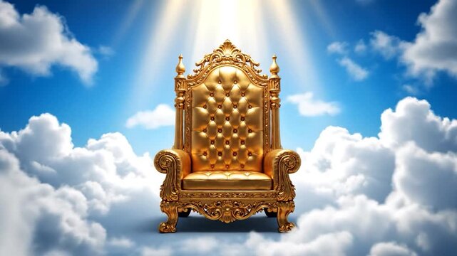 A golden, ornate throne rests among clouds with sunlight beaming down. A symbol of royalty