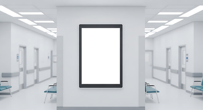Blank Digital Signage in Hospital Waiting Room - Healthcare Advertising Mockup