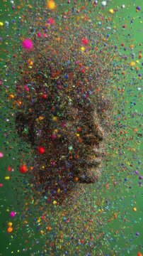 Diverse young man with colorful confetti exploding from head for creative advertising and marketing campaigns on social media and websites