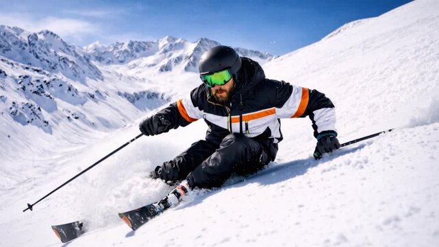 Full length of skier skiing on fresh powder snow.

