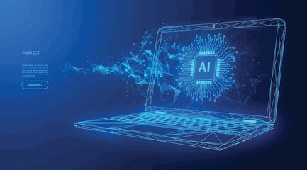 A blue digital illustration of a laptop with ai on the screen