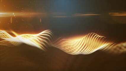 A smooth wave of golden particles on a dark background, with a warm, glowing effect, symbolizing energy or data flow, video in high quality 4k, motion design © Bolbik