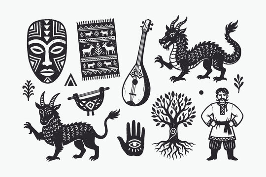 Vintage Vector Collection of Traditional Folklore Symbols, Mythological Creatures, and Cultural Icons.