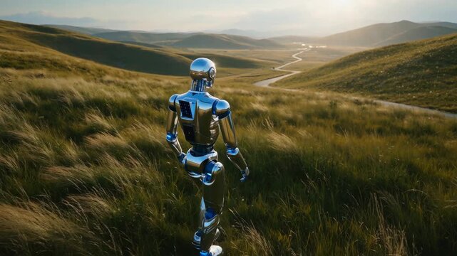 A humanoid robot stands in a lush green landscape, gazing at the horizon under a clear blue sky. The setting conveys a sense of exploration and innovation
