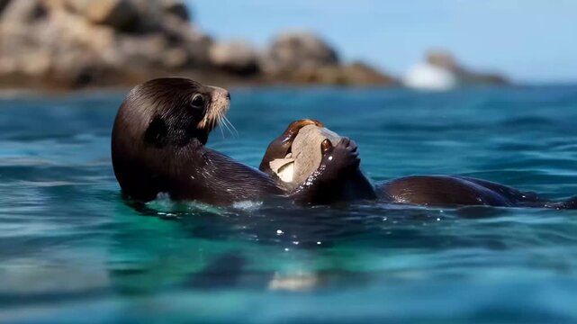 Playful Sea Otters: A pair of sea otters floats in crystal-clear blue water, embracing and interacting in a display of affectionate playfulness in their natural marine environment.