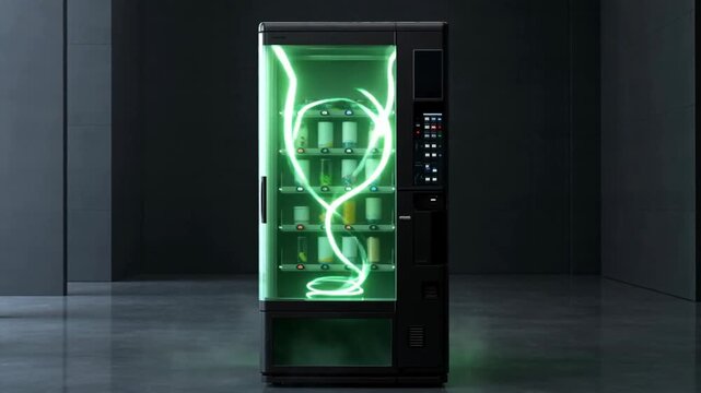 Illuminated vending machine with a glowing question mark design, surrounded by wisps of fog, creating a mysterious atmosphere