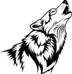 Obraz premium Stylized black and white illustration of a wolf howling with detailed fur texture, on white background.