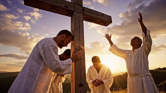 Devout Christian men stand on a scenic hill top next to a large wooden cross, worshipping God with hands raised in prayer, reflecting spiritual faith, Christianity, and Catholic devotion.