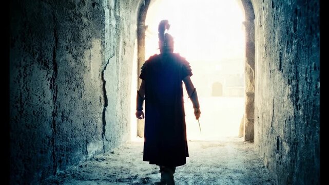 Silhouette of Roman soldier walking through dark stone tunnel towards bright light. Ancient warrior with sword and helmet entering arena for battle. Historical cinematic concept