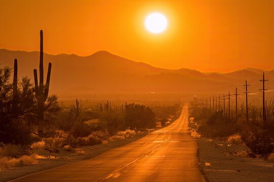 Sun-drenched desert highway stretching endlessly towards distant mountains at sunset