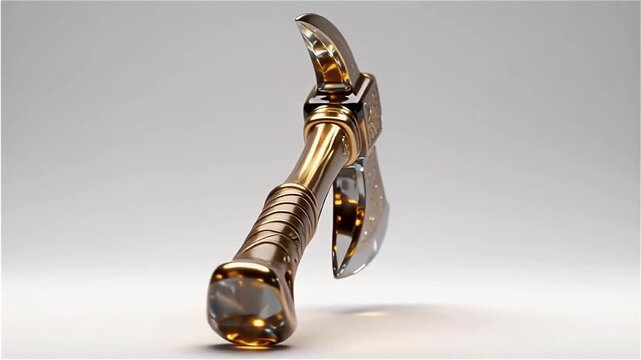 Detailed view of a beautifully crafted golden axe with intricate patterns and a polished blade on a neutral background
