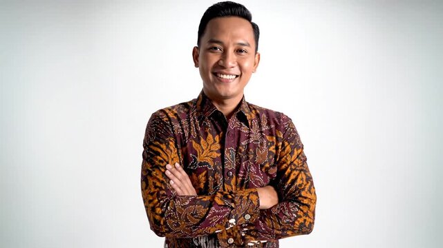 Elegant Indonesian man wearing traditional patterned batik shirt and formal black trouser posing in a minimalist white studio environment representing professional cultural fashion and heritage.
