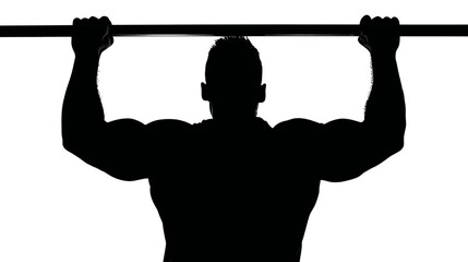 Naklejka premium Silhouetted figure of a person performing a pull-up, arms extended, emphasizing muscles
