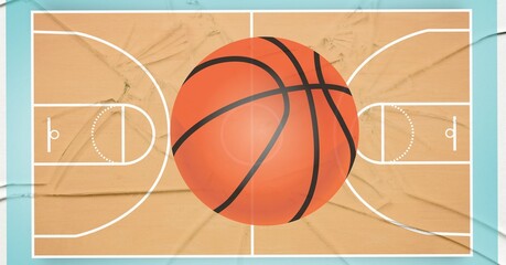 Naklejka premium Composition of basketball over basketball court distressed background