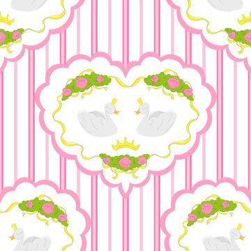 Romantic seamless pattern with swans and hearts. Bridgerton style print