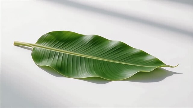 A large green leaf with prominent veins lying on a smooth white surface, illuminated by soft natural light creating subtle shadows