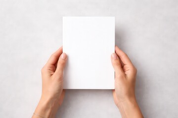 Hands holding blank white paper over light textured background, overhead view, mock up