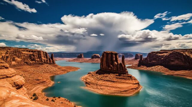 Epic landscape over a lake with towering sandstone formations and dramatic weather patterns under a blue sky