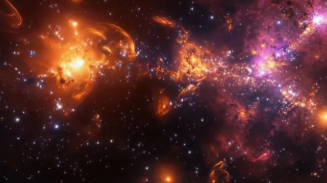 Celestial Inferno: A vibrant cosmic vista of swirling nebulas and star clusters painted with fiery hues of orange and red, interspersed with distant galaxies, igniting the imagination