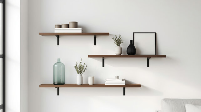 A modern minimalist interior features white walls adorned with asymmetrically arranged dark walnut wooden shelves held by black metal brackets. The shelves display neutral decorative objects.