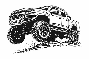 Monster Truck Illustration with Oversized Tires, Off-Road Extreme Vehicle Design. © Shofikul islam