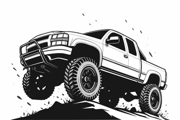 Monster Truck Illustration with Oversized Tires, Off-Road Extreme Vehicle Design. © Shofikul islam