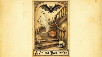 Vintage Halloween Illustration: Spooky Ghost, Flying Bat, Jack-o'-Lantern, and Skull on a Haunted Staircase. © anang