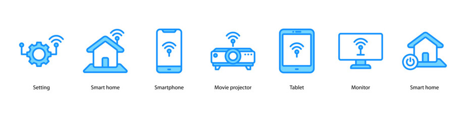 Smart Living Devices web banner illustration featuring Setting, Smart Home, Smartphone, Movie Projector, Tablet, Monitor, and Smart Home.