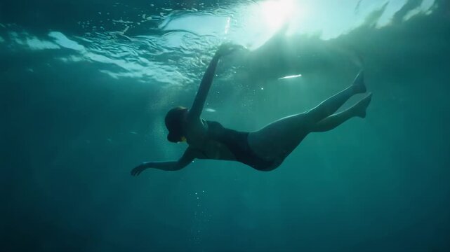 Silhouette of woman sinking underwater in deep blue ocean with sun rays from surface. Female swimmer floating down in sea with bubbles. Drowning or deep diving concept
