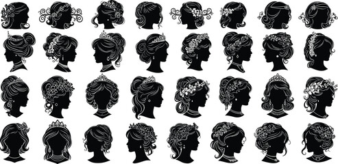 Women hairstyle silhouettes, elegant profile vector, bridal hair design, tiara floral accessories, fashion illustration, ornate hairstyle art - flat vector illustration © MD AMINUR
