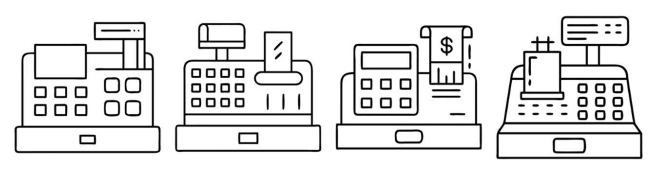 Modern vector icons of cash registers payment checkout systems POS terminals retail technology isolated on white background
