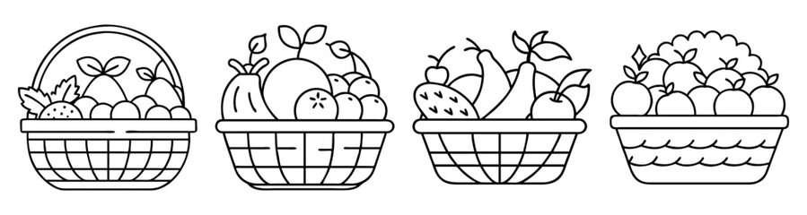 Set of four hand drawn fruit basket vector icons with apples grapes pears and berries isolated on white background