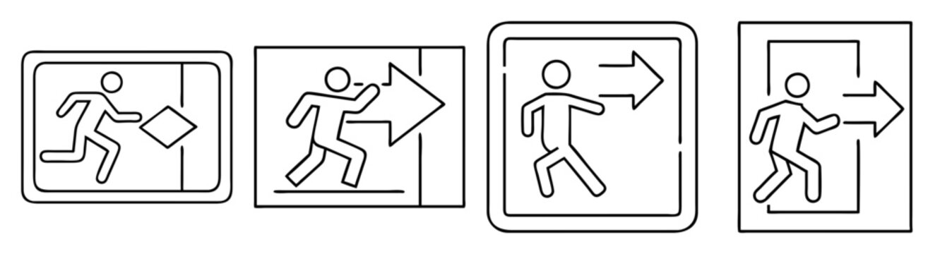 Emergency exit vector icons set running man silhouette signs isolated on white background flat design
