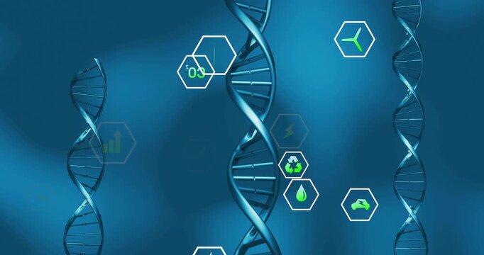 At start main DNA helix rotating while hexagons drifting inward, stacking and showing green metrics