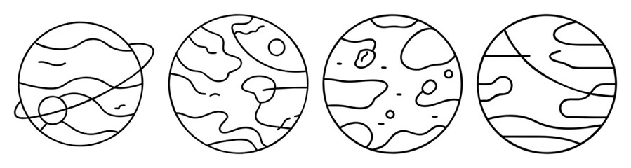 Four hand drawn vector planet icons with continents and swirls isolated on white background for space science education © MstSabrina