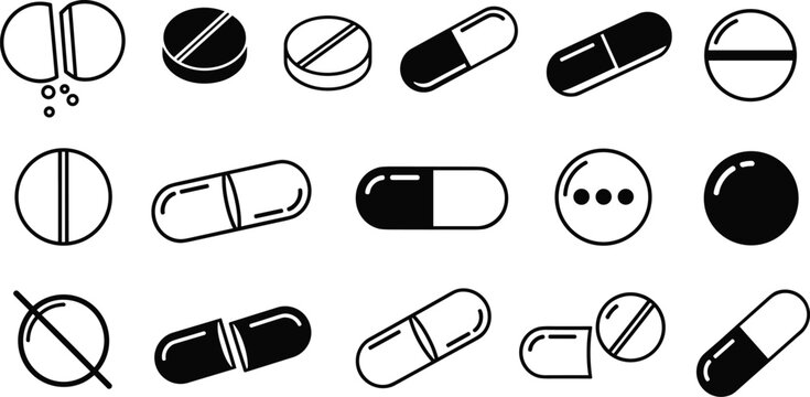 Silhouette icon set of pills and capsules in multiple shapes, medical pharmaceutical drug supplement design concept for healthcare pharmacy illustration, flat vector illustration