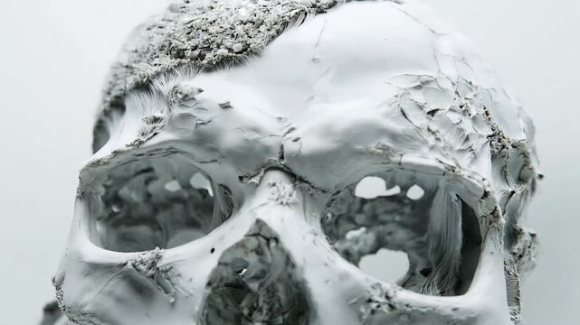 Skull Anatomy and Texture: A close-up view reveals intricate details of a human skull, emphasizing its texture, form, and bone structure, inviting reflection on mortality and the passage of time.