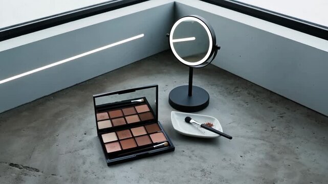 A makeup palette and applicator next to a mirror on a minimalistic concrete surface, with soft, natural lighting in the background