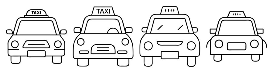 Four white taxi cabs vector icons isolated on transparent background for urban transportation design