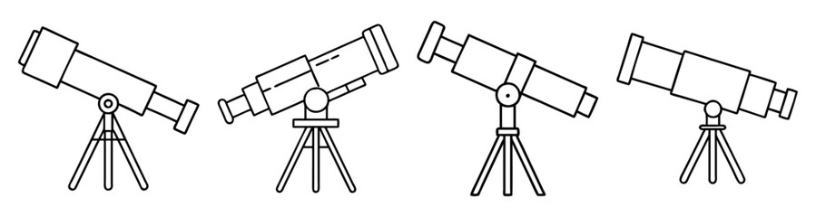 Vector icon set of telescope and astronomy equipment isolated on white background for science and space exploration