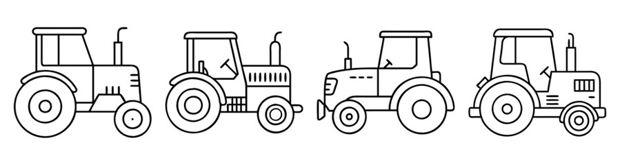 Set of four modern farm tractors vector icons isolated on white background for agriculture and farming industry