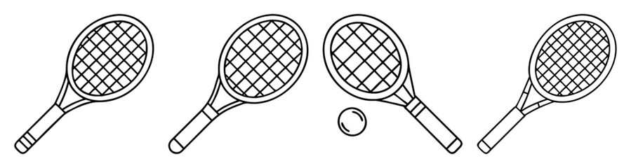 Set of four flat vector tennis rackets with ball isolated on white background minimalist icon design