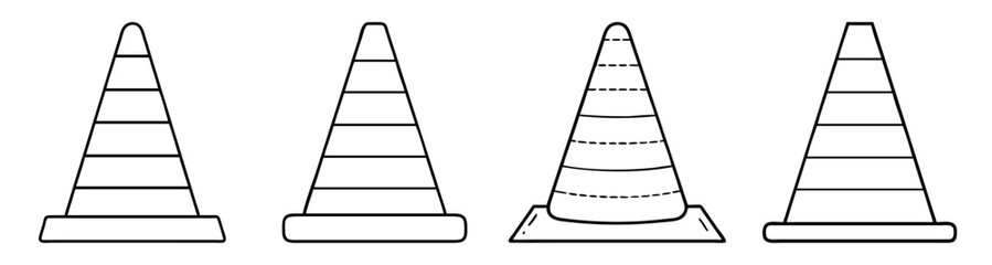 Set of four minimalist black and white vector traffic cones icons for safety warning design elements