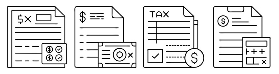 Flat vector tax season icons set with financial forms, calculator, money, and documents for accounting and business