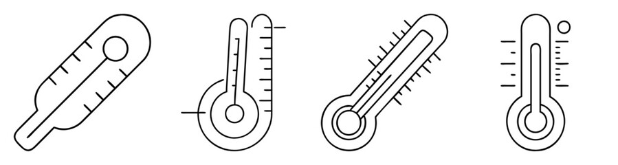 Four Vector Thermometer Icons Set Cold Hot Temperature Measurement Medical Weather Health Isolated Line Art