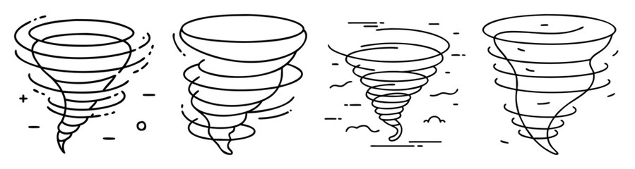 Set of four black and white tornado vector icons in line art style for weather disaster warning and natural hazard infographics