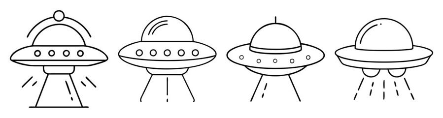 Set of four flying UFO vector icons with beams and alien abduction lights isolated on white background