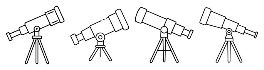 Set of vector telescope icons for astronomy and exploration flat design line art symbols isolated on white background